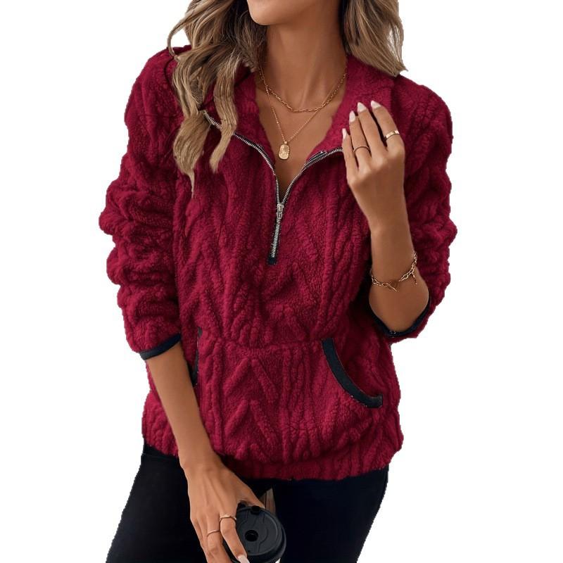 Cross-border Supply 2026 Autumn and Winter Fashion Short Color Contrasting Half-open Neck Plush Women's Sweater