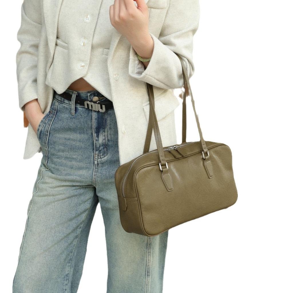 Vintage Underarm Bag Bowling Bag Tote Bag Original Niche Head Layer Cowhide Women's Bag High-grade Leather