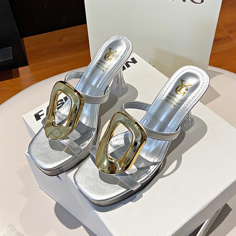 

2025 new summer square buckle fashion slippers women s fashion versatile open-toed high-heeled slippers women 39 срібний