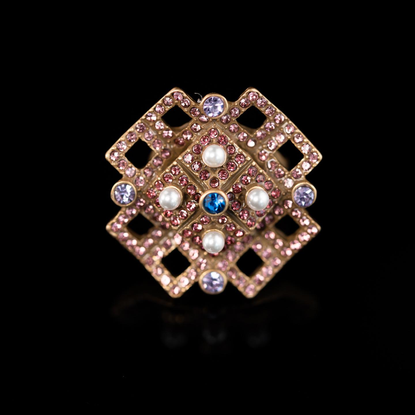 

Medieval Ring Vintage Court Style High Class Femininity Copper Alloy With Colored Diamonds Square Ring New