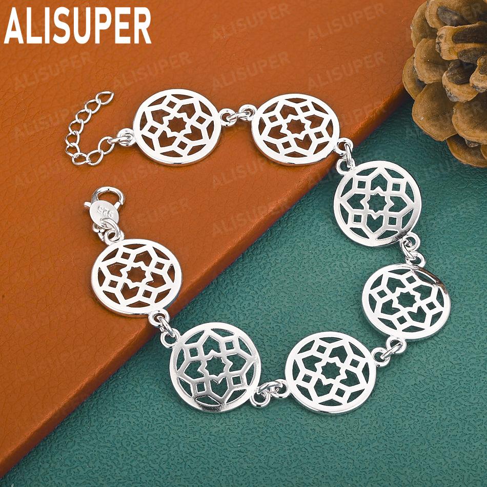925 Sterling Silver Openwork Art Disc Side Chain Exquisite Bracelet Gift Jewelry 20CM
