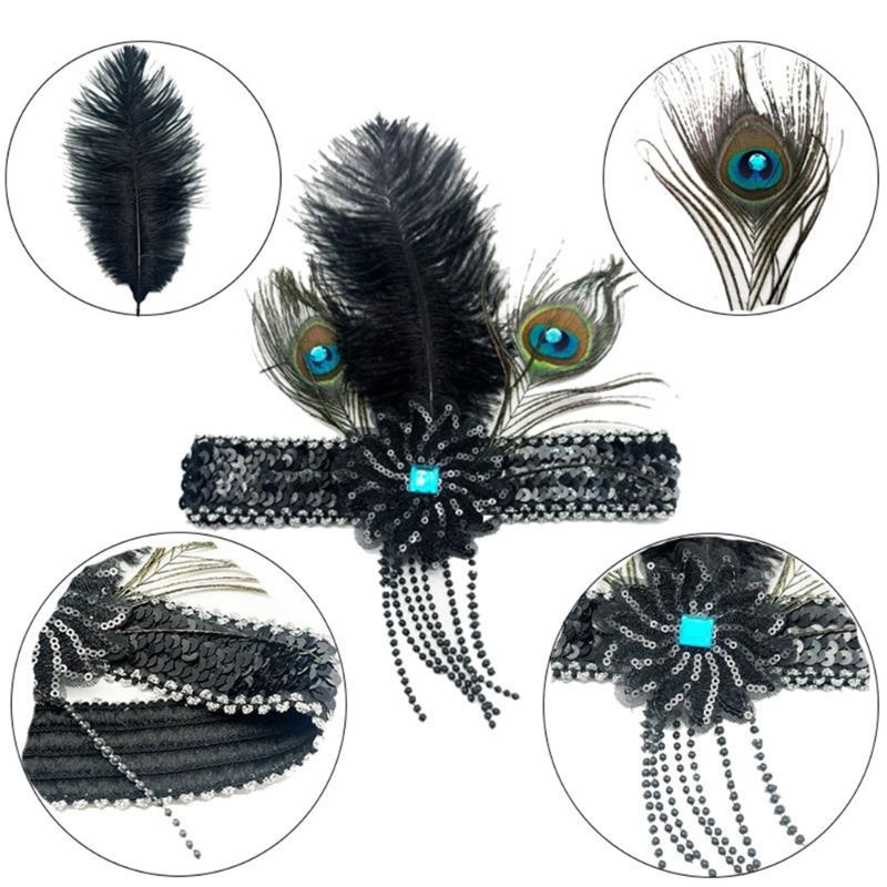 Stretchable Hairband With Glitter Fringe Natural Ostrich Peafowl Feather Comfortable Adjustable Headpiece For Event