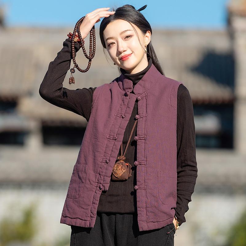 25 Winter new Chinese women's ramie retro disc buckle cotton vest Chinese Tang quilted cotton vest