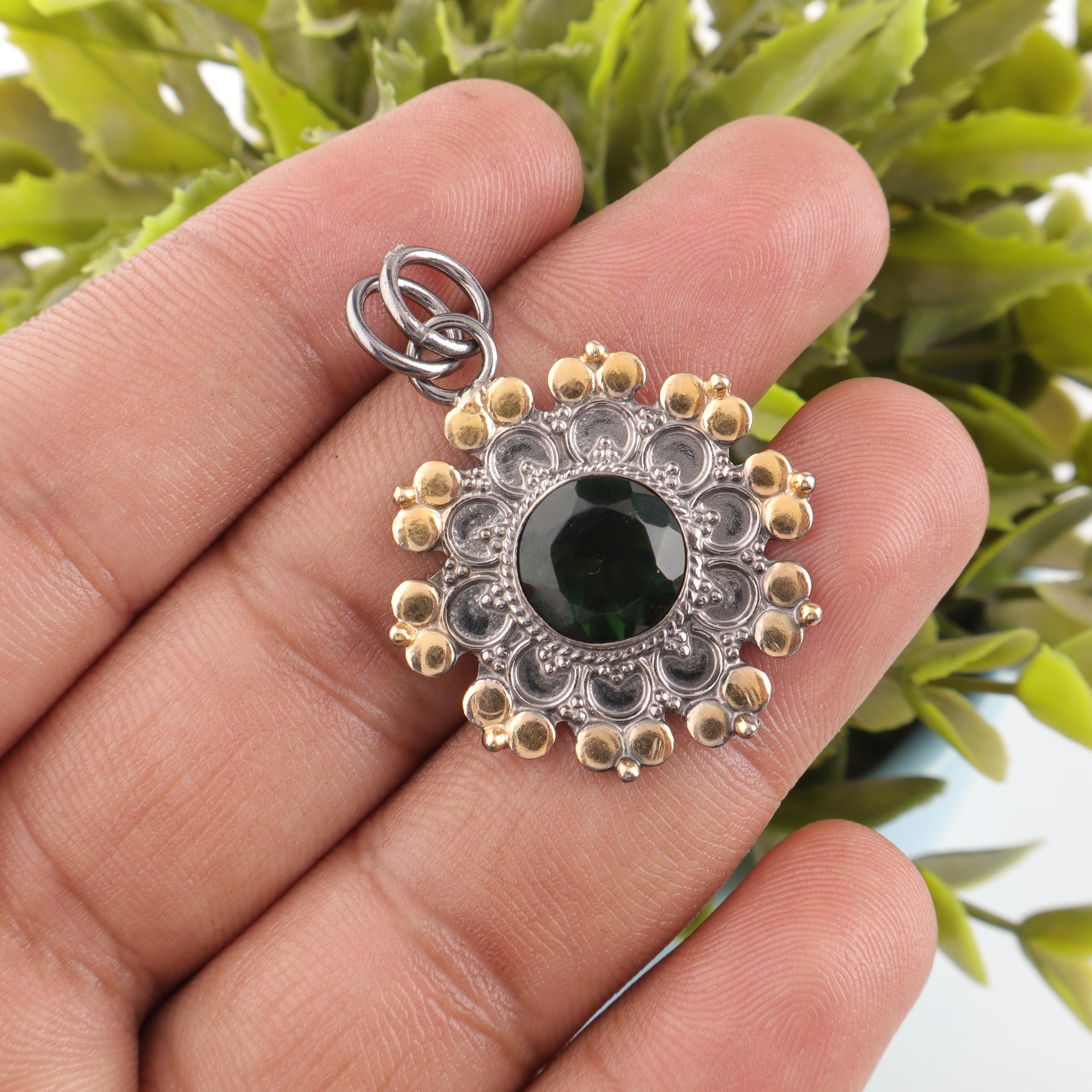 

Подвеска с зеленым турмалином, Подвеска с драгоценным камнем ручной работы, Подвеска из стерлингового серебра 925 пробы, Антикварное украшение, Для подарка на помолвку чёрный