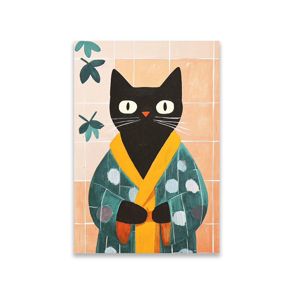 Munchkin Cat Bathrobe Art Print Matisse Style Poster Funny Bathroom Decor Cute Cat Lover Gift Pet Portrait Wall Art Canvas Print 21X30CMNo Framed
