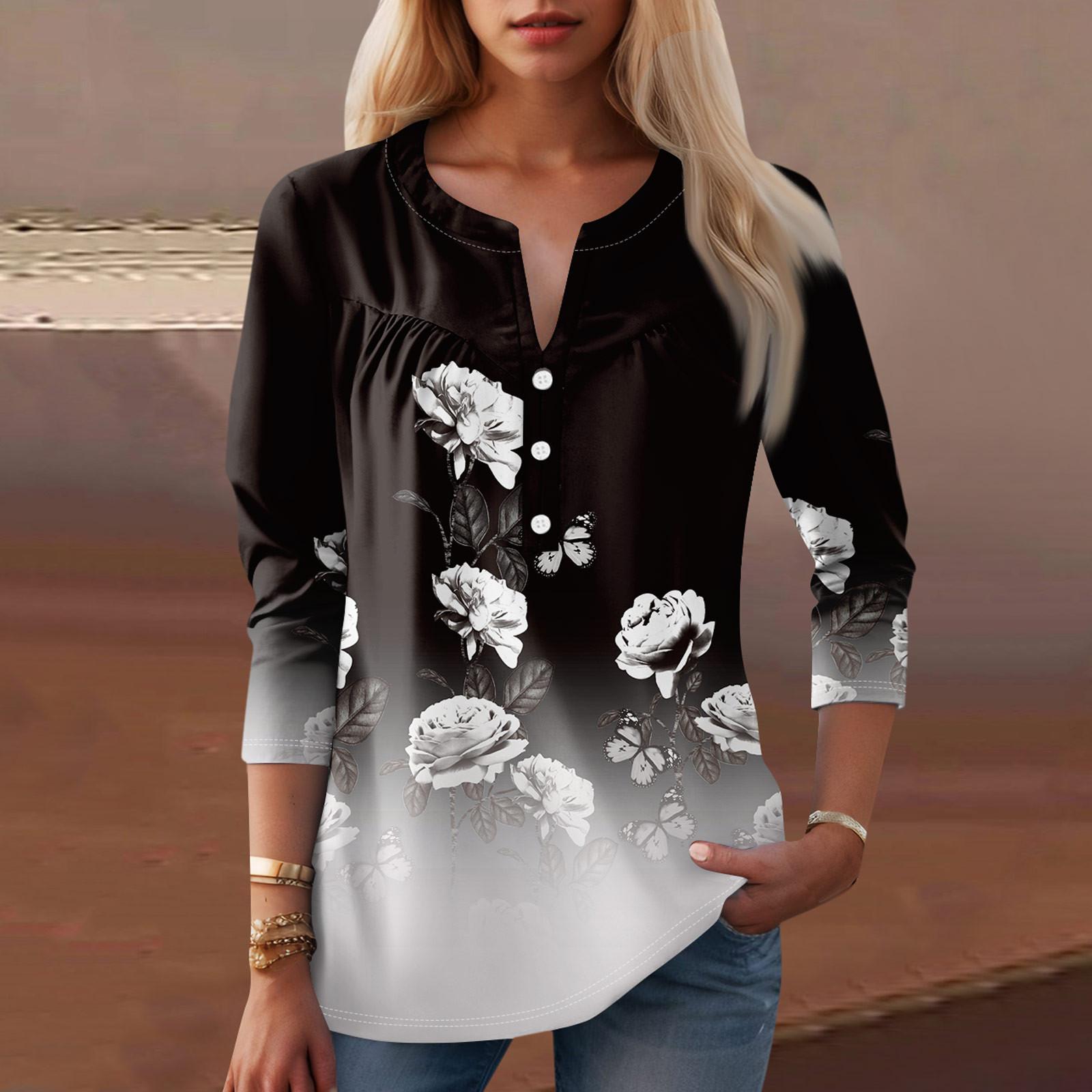 

Женская мода повседневная три четверти рукав V-образный вырез цветочный принт топ L белый