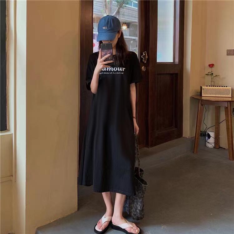 Plus Size Korean Summer Over-Knee Dress – Loose Fit, Belly-Covering, Short Sleeve, Long Length T-Shirt Dress for Women