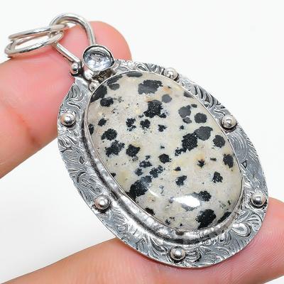 Natural Dalmation Jasper, White Topaz 925 Sterling Silver Pendant 2.48" W6i52