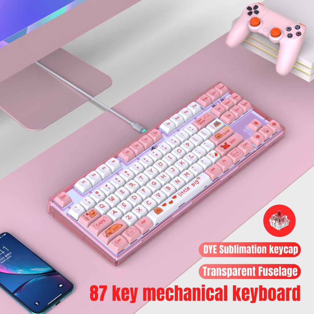 New 87 Key Wired Mechanical Keyboard, Heat Sublimation Cartoon Keycap Gaming Keyboard, Multiple Lighting Options