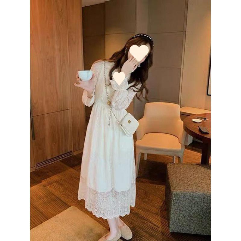 2023 European White Lace Long Sleeve Slimming Spring Dress for Women