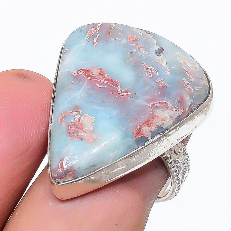 Natural Larimar Gemstone Handmade 925 Sterling Silver Jewelry Ring Size 7.5 R0l36