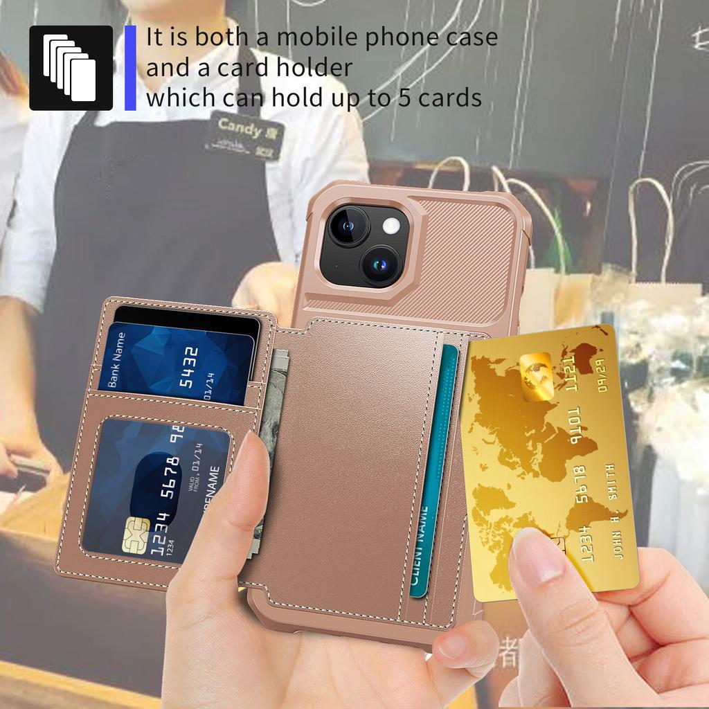 For iPhone 15 PU Leather+TPU Phone Case Card Holder Wallet Back Cover Support Magnetic Car Mount