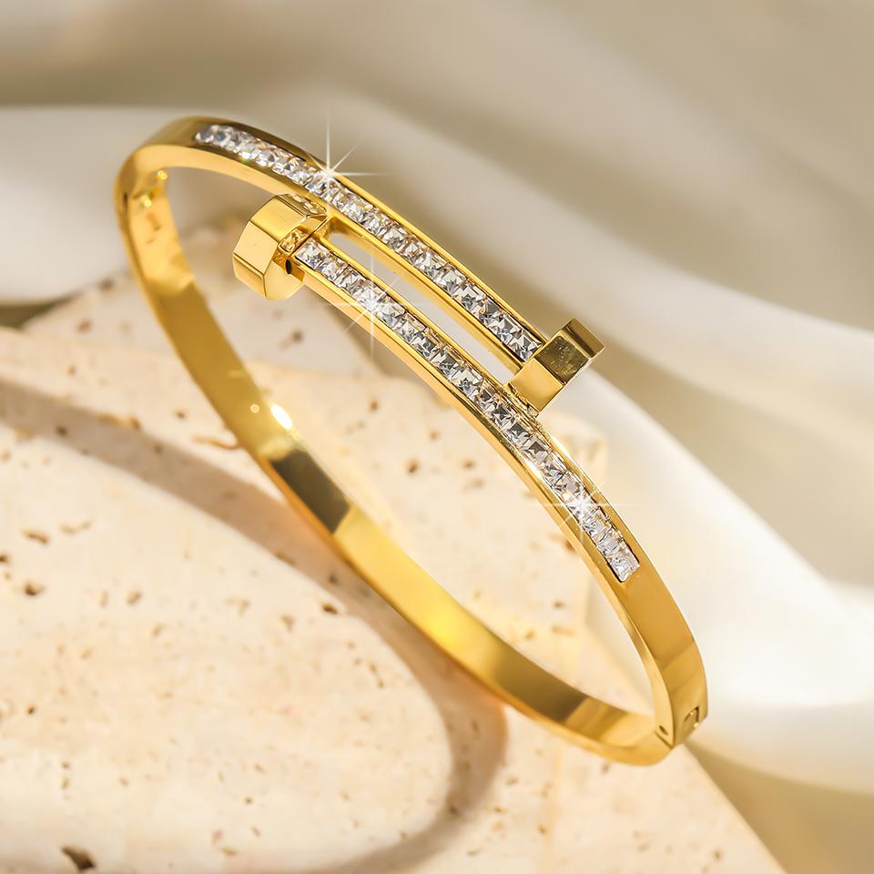 316L Stainless Steel Exquisite Nail Brand Bracelets For Women American Trendy Shining Zircon Screw Not Fading Bangle Gift