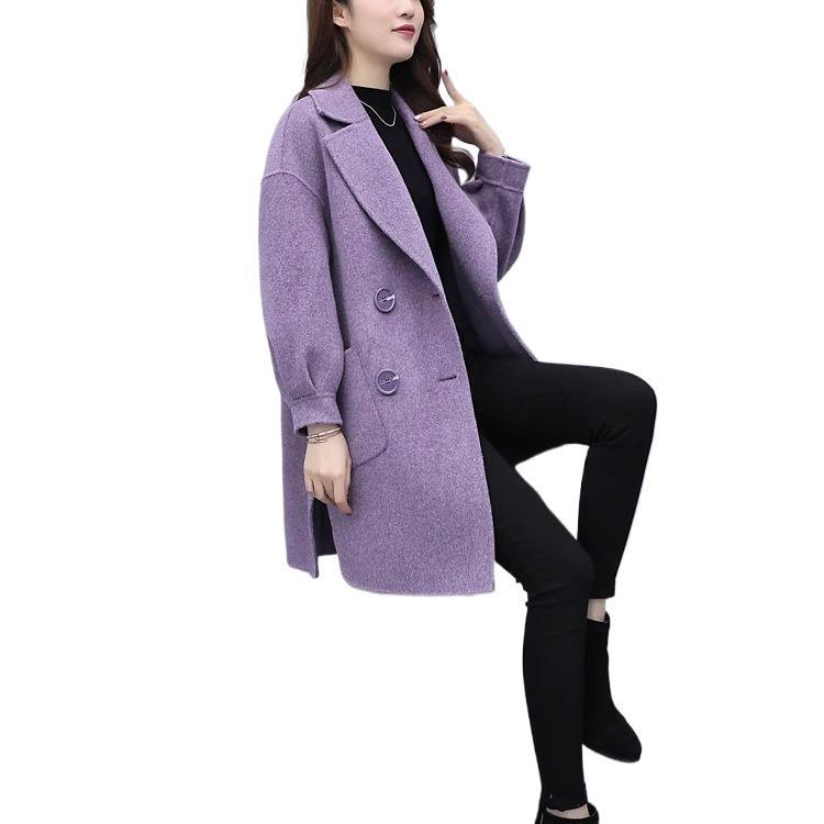 Petite Women's Mid-Length Lantern Sleeve Black Wool Coat - 2025 Korean Style for Autumn and Spring