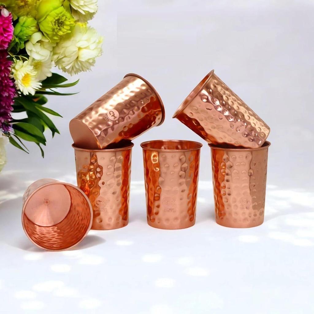 (Set of 6 Pure Brass Glass Tumbler with Embossed Design, for Drinking Serving Water, Yoga & Ayurveda, Stylish Pure Copper Glass