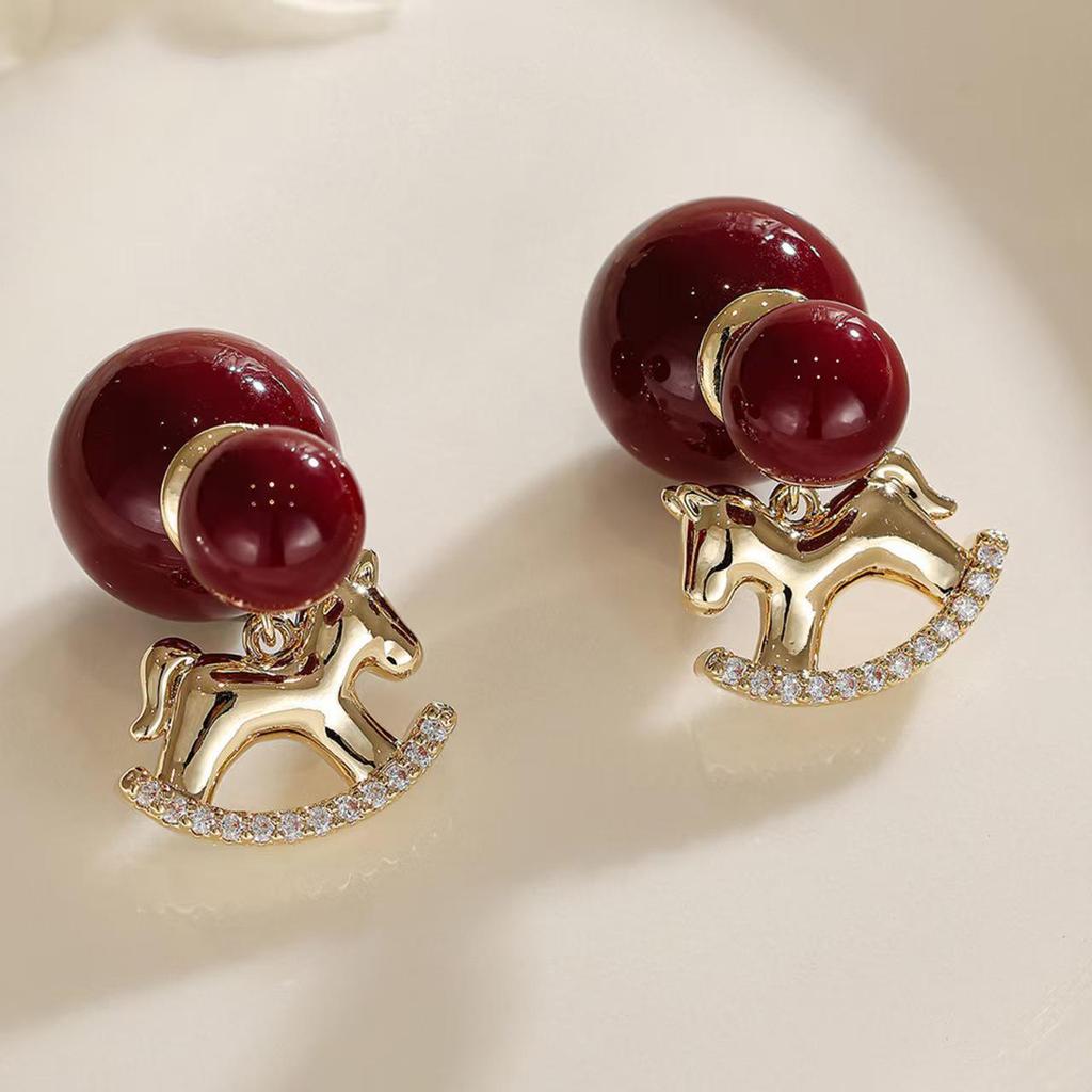 Retro Red Little Horse Beaded Stud Earrings: Elegant, Versatile, Two-Way Design