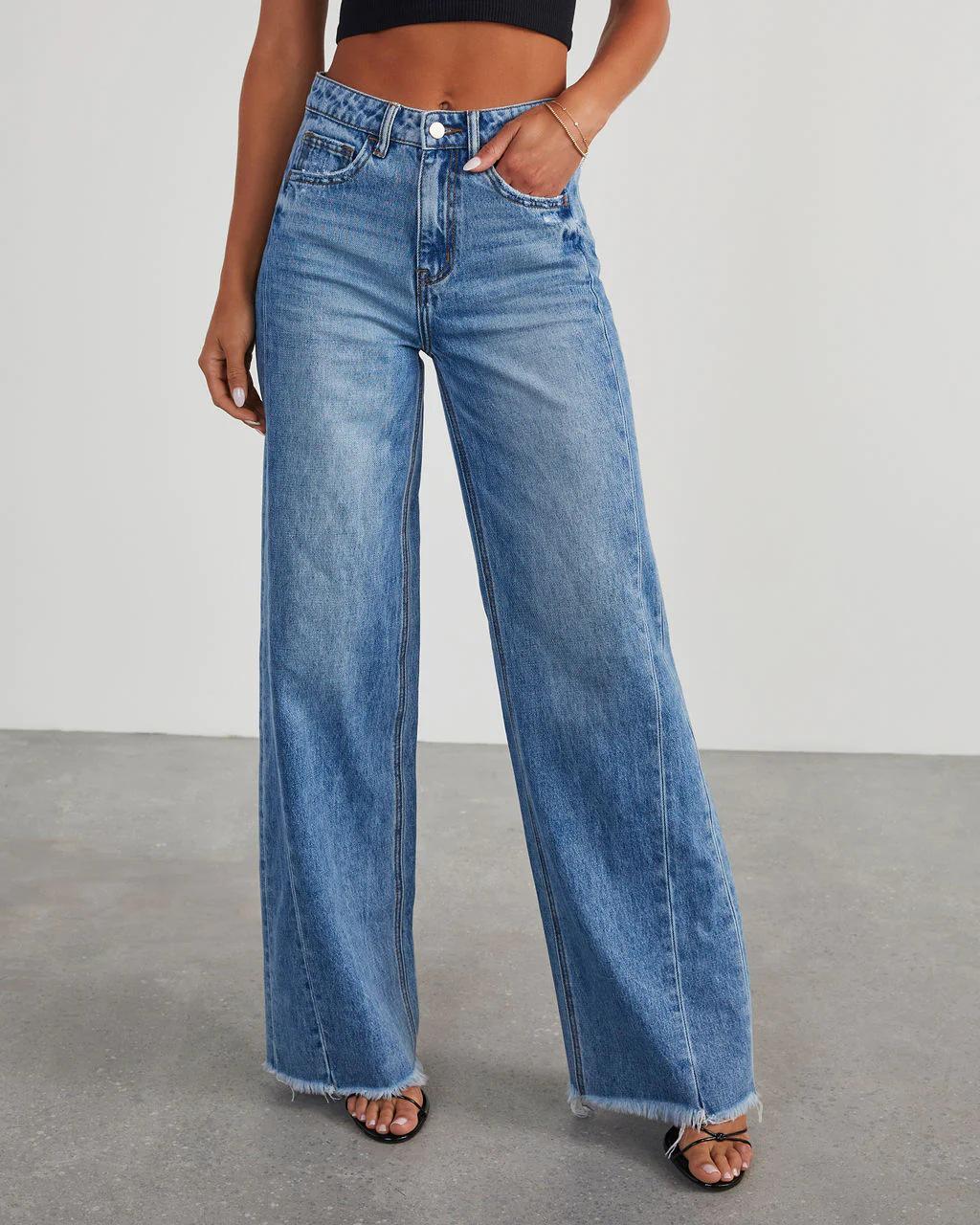 2026 Women s Loose Wide-Leg Patchwork Frayed Hem Jeans Extra Large джинсовый синий
