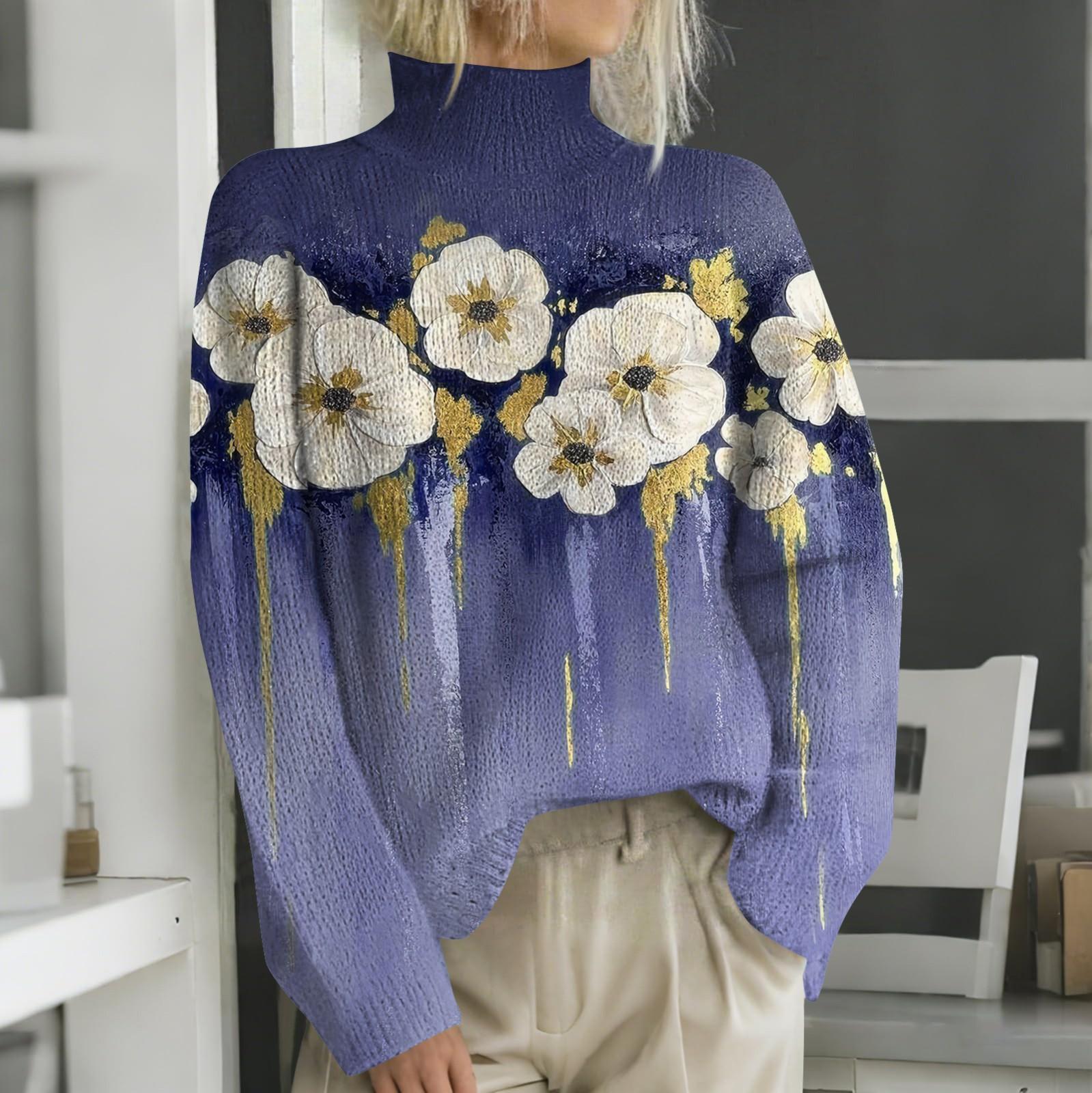 

Женская мода повседневная с длинным рукавом и принтом, с высоким воротом, шерстяной трикотаж M