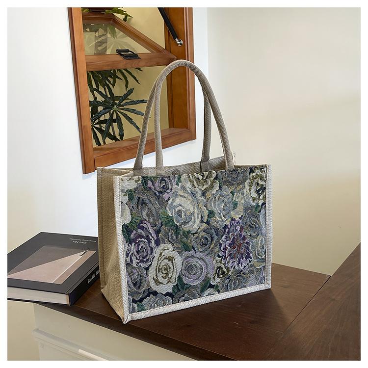 Large capacity linen tote bag 2025 new floral commuter tote bag female student class shoulder handbag