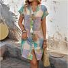 European and American Women's Summer Geometric Print Elegant V-neck Button Up Dress