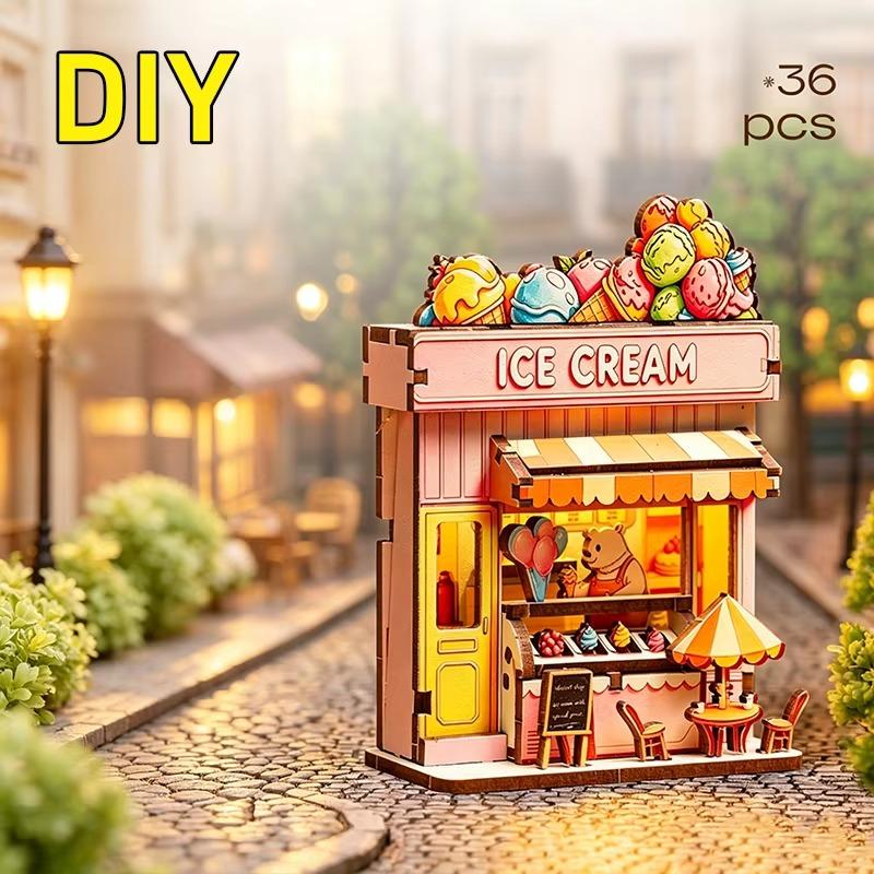 DIY 3D Wooden Mini House Puzzle Toy Fridge Magnet Handmade Animals Shop Creative Assembly Model Kit Home Decor Gifts for Friends