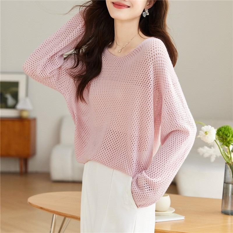 Spring and Summer New Solid Color Simple Hollow Knitted Sweater Women's Fashion Loose and Thin Bat Sleeve T-shirt Top Thin