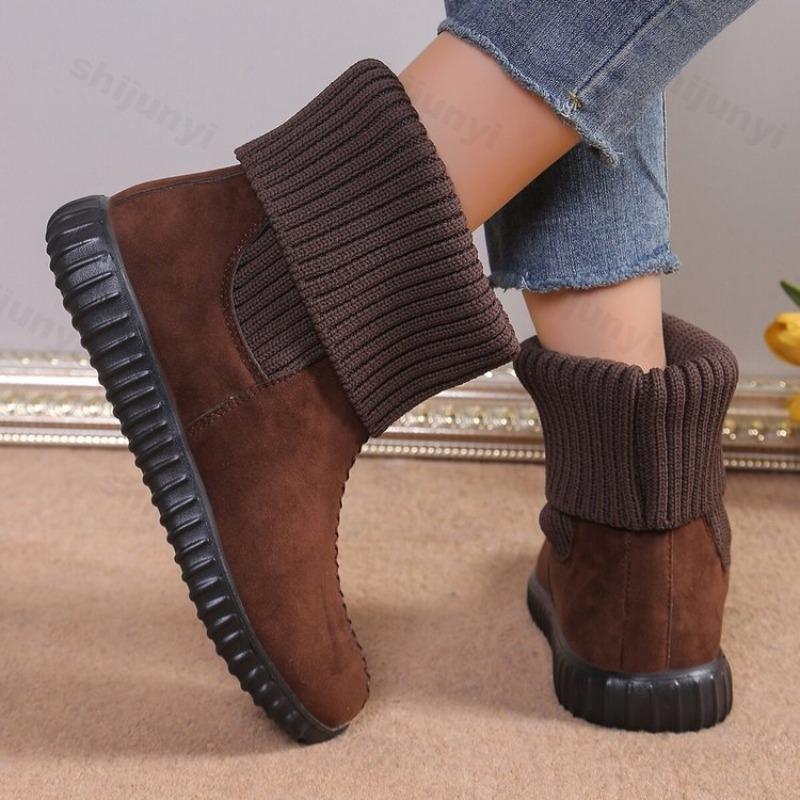 Women's Knitted Short Boots Fashion 2026 Winter Warm Flat Bottom Warm Autumn Shoes Round Toe Casual Shoe Women Boots Botas Mujer