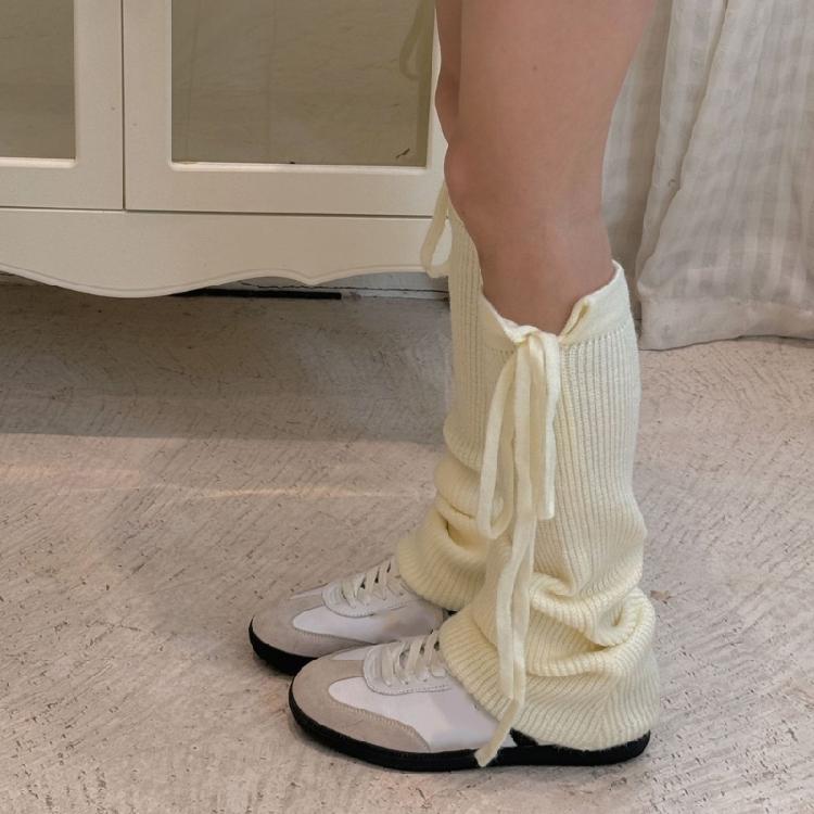 Thickened Leg Warmers with Ties Drawstring for Women Ribbed Knit Vertical Striped Boot Covers Socks for Outdoor Activity