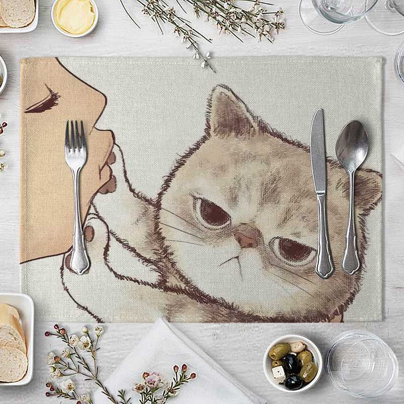 Cartoon Cat Placemat Cotton Linen Table Mat Kawaii Cats Animal Pattern Place Mats For Children Kids Kitchen Dinning Coaster Pad