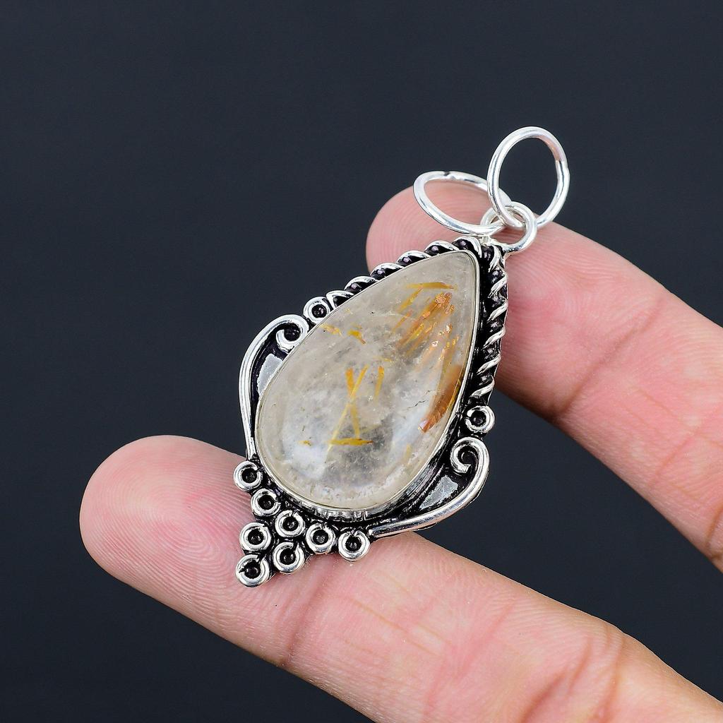 Pear Golden Rutile Stone Bezel Birthday Unique Pendant Jewelry Sterling Silver
