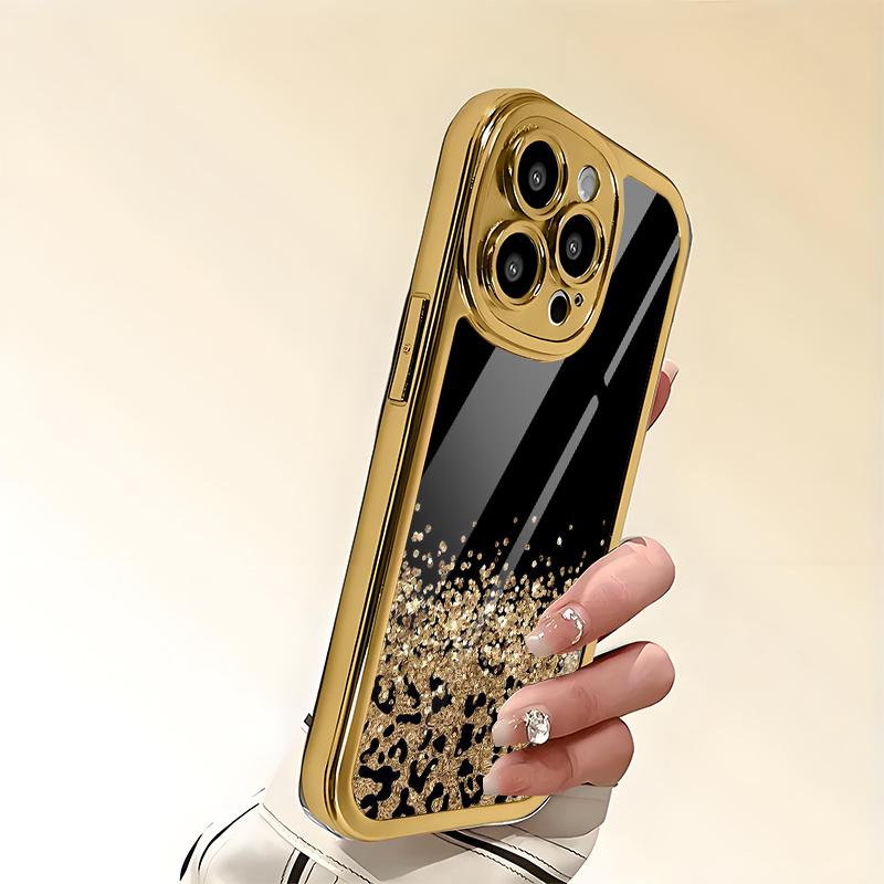 Leopard print black gold sparkling glass phone case suitable for iPhone17 16 15 14 13 12 11Pro/Max/Plus anti drop and shockproof