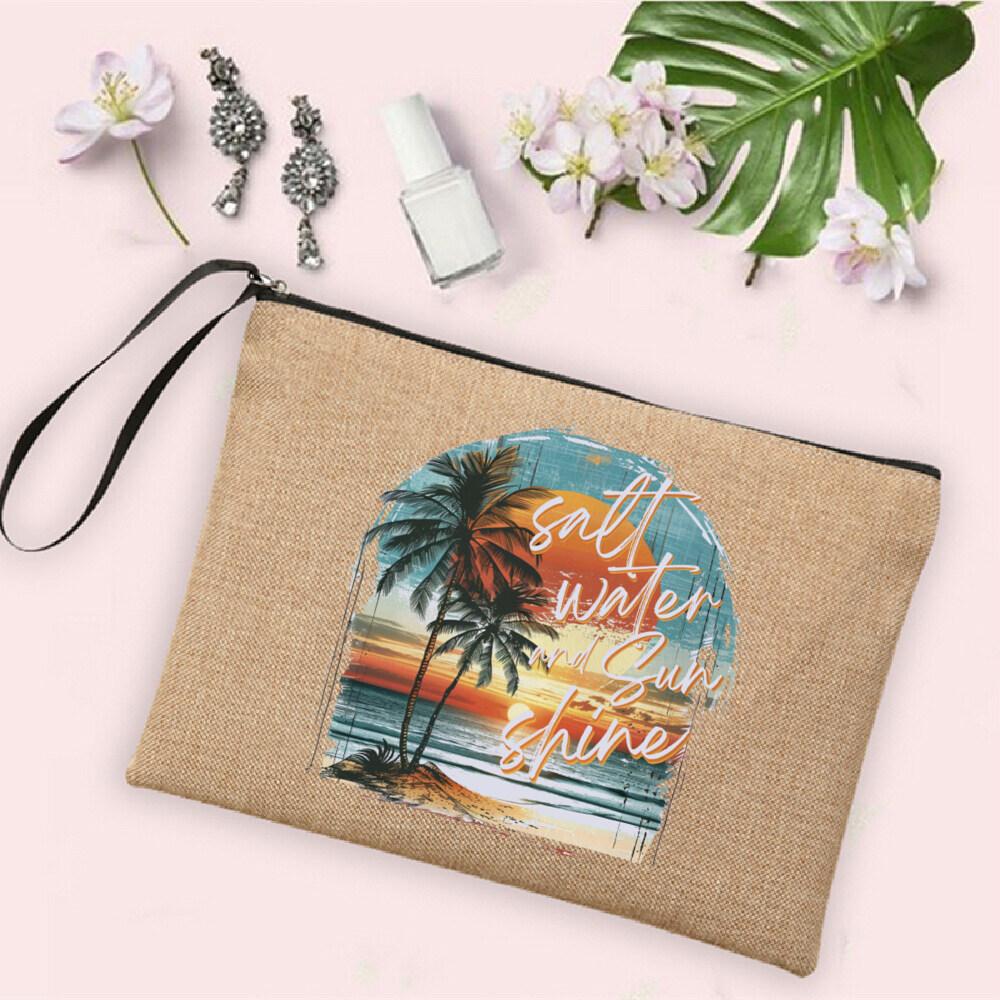 Salt Water and Sunshine Printed Linen Bag Makeup Bags Beach Holiday Sunglasses Sunscreen Storage Pouch Travel Toiletry Bag Gifts