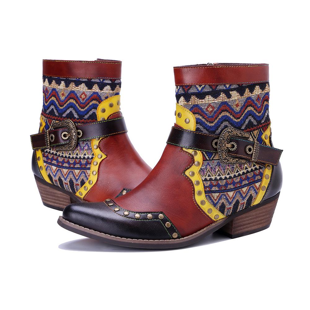 Johnature Genuine Leather Western Cowboy Style Pointed Toe Riveted Women's Coarse Heel Short Boots