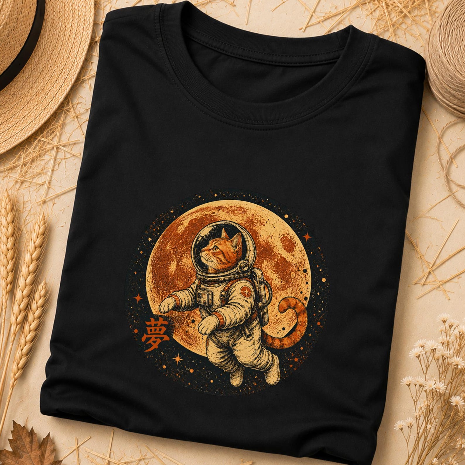 Japanese Space Cat T-Shirt, Lucky Cat Aesthetic Graphic, Retro Kanji Cat Graphic, Minimalist Space Cat Graphic Tee, Vintage Space Cat Design XL