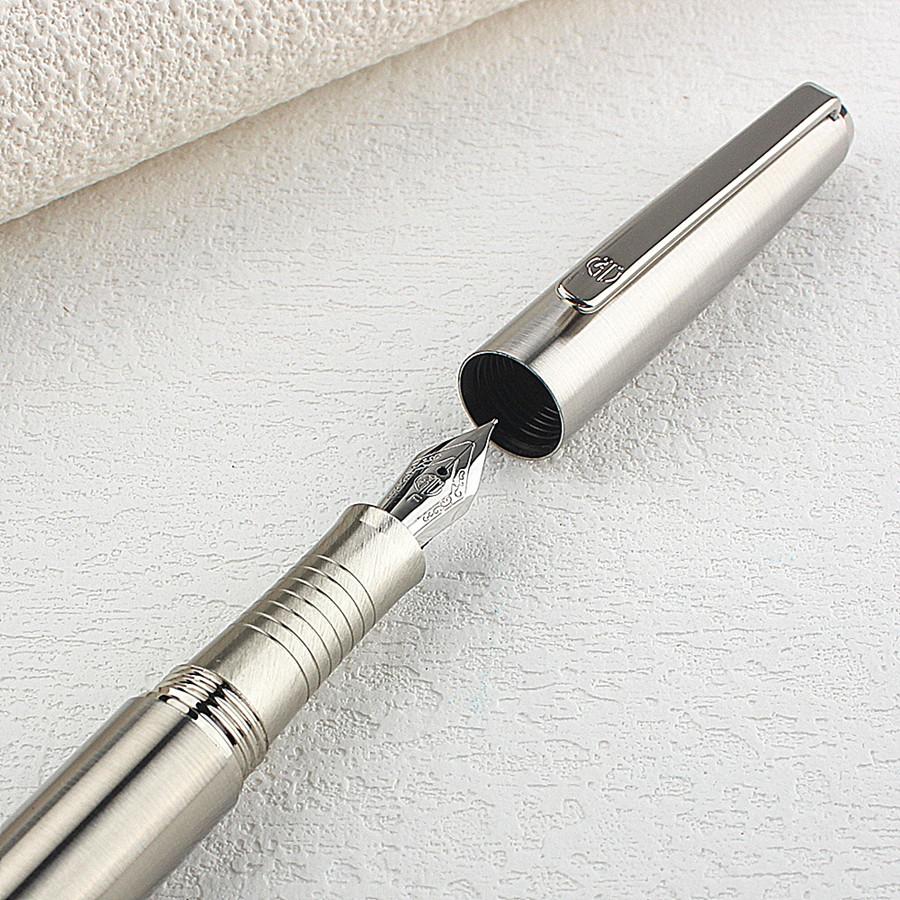HongDian Metal Stainless Steel Fountain Pen Fine Nib 0.38mm Bright Silver Excellent Writing Gift Ink Pen for Business Office