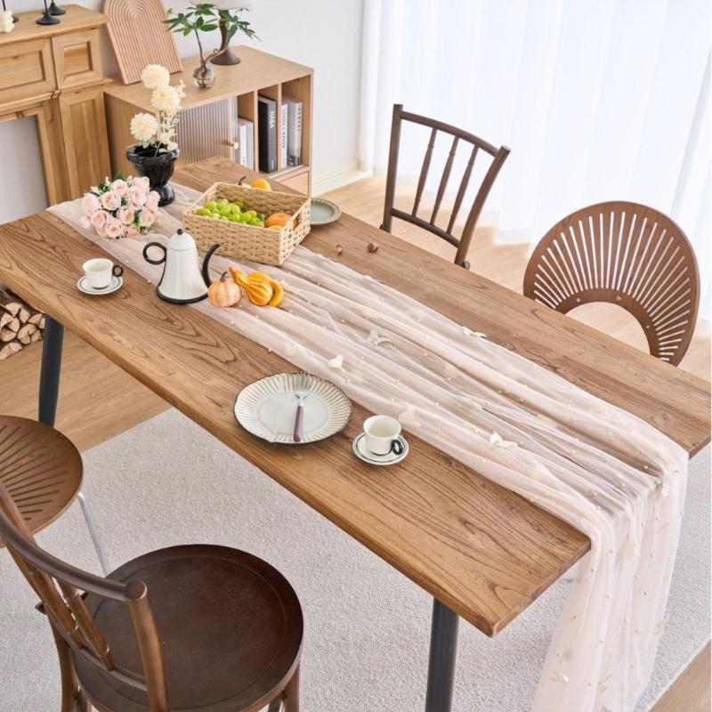 Mesh Lace Table Runner With Beaded and Embroidery 3D Butterfly Sheer Tulle Fabric Tablecloth For Dining Table Decors
