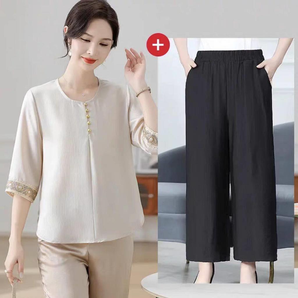 2026 Summer Chinese Style Seven-Point Sleeve Top for Middle-Aged Women - Elegant Mother's Day Fashion