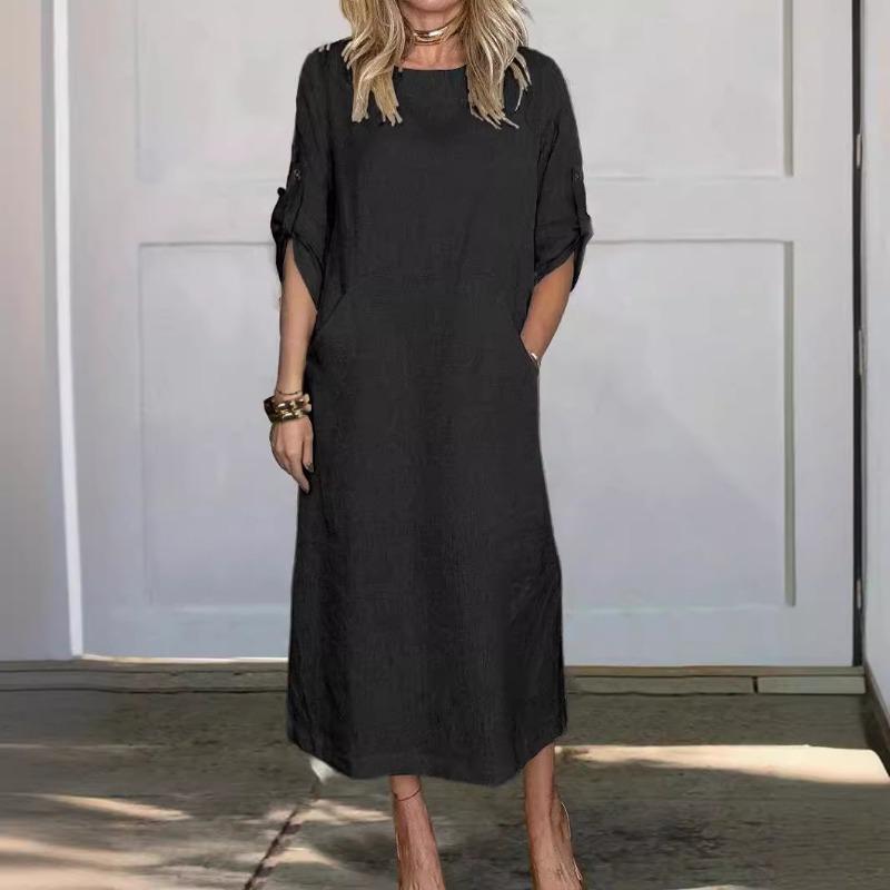 Casual Fashion O Neck Short Sleeve Women Dress Elegant Solid Color Loose Simple A-line Party Dresses Female Plus Size Pockets Spring Summer Clothing