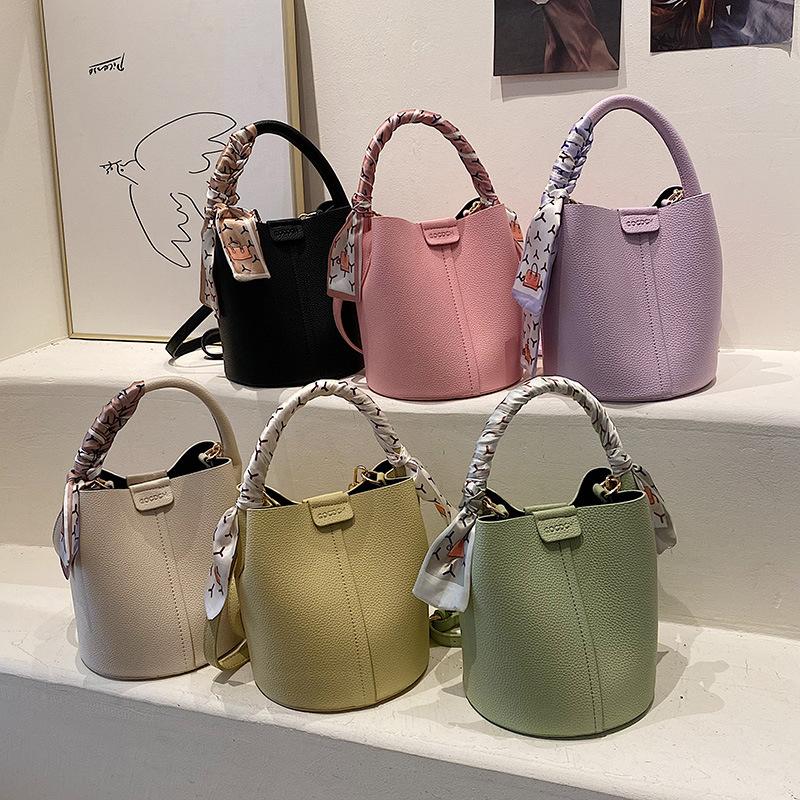 Lychee Texture Handbag Bag Women's Spring New Shoulder Messenger Bag Fashion Silk Scarf Bucket Bag