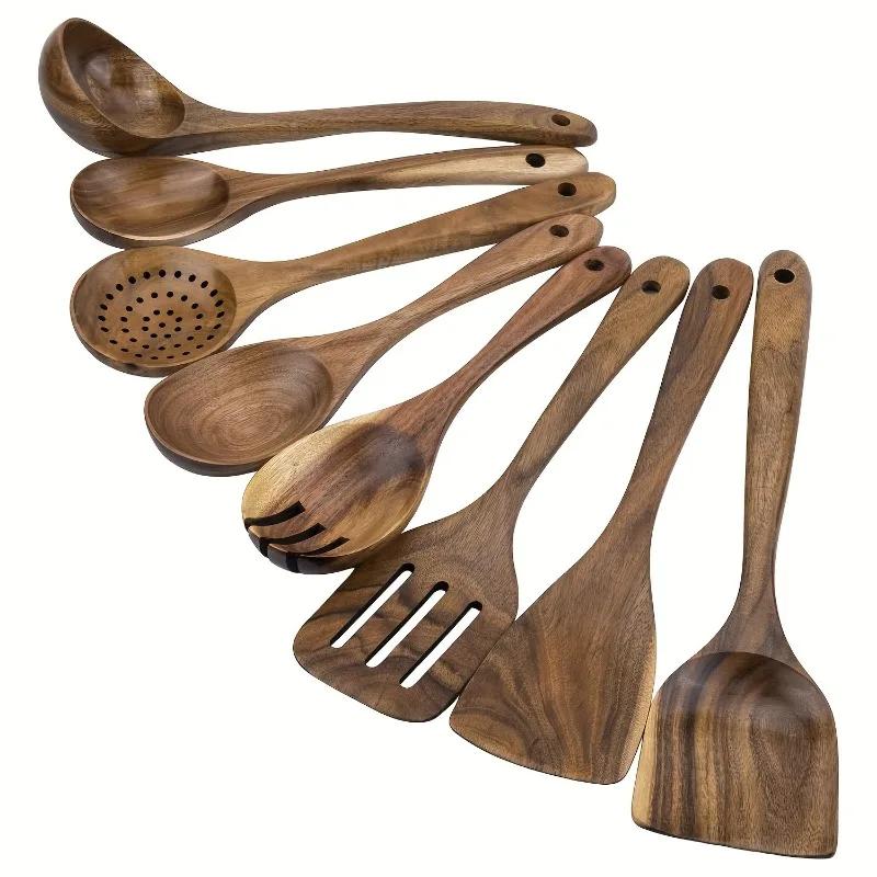 Durable Wooden Kitchen Utensil Set 8pcs - Anti-Scald Non-Stick Cooking Tools Multi-Purpose Wood Spoons And Spatulas Cookware Kit