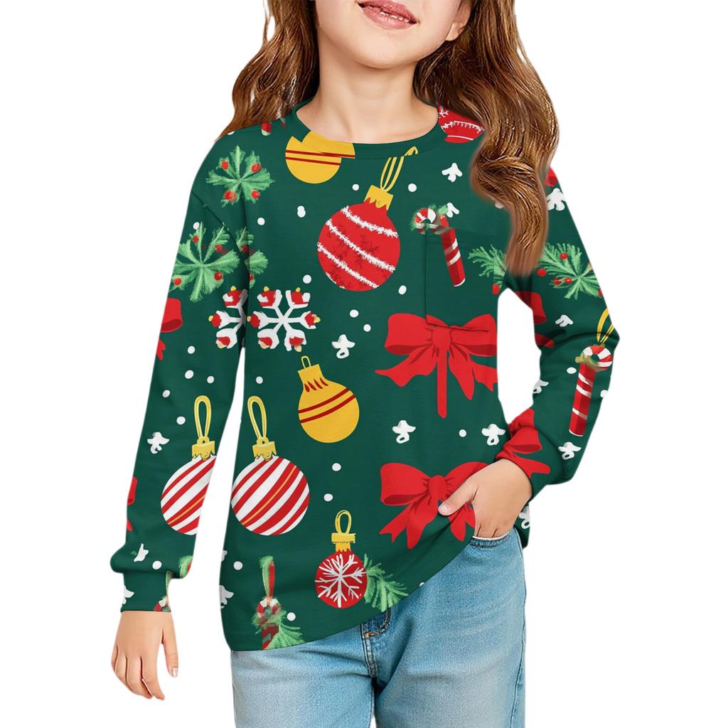 Christmas Day Girls' Long Sleeve Blouse - Round Neck Soft Waist Tunic