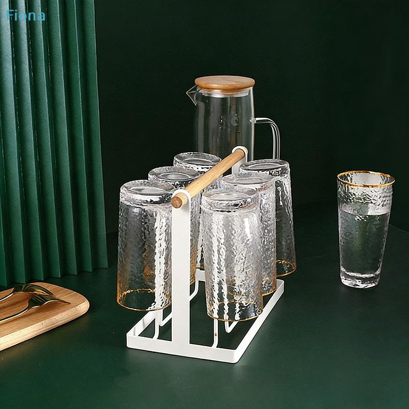 6-Cup Glass Cup Drying Rack with Wooden Handle, Countertop Cup Organizer with Drip Tray for Kitchen & Bar