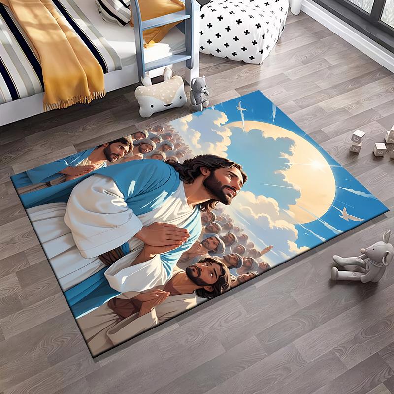 Der rutschfeste Teppich mit dem aufgedruckten betenden Jesus eignet sich für den Einsatz im Wohnzimmer und auf Schlafsofas.