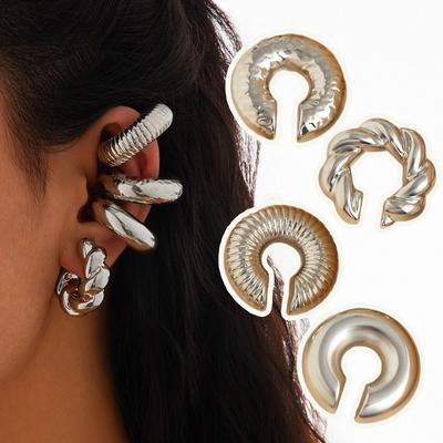 4pcs Cool C Shaped Acrylic Ear Clip Gold Silver Color Non Pierced Round Clip Earrings Punk Clip On Hoop Earrings Female Jewelry