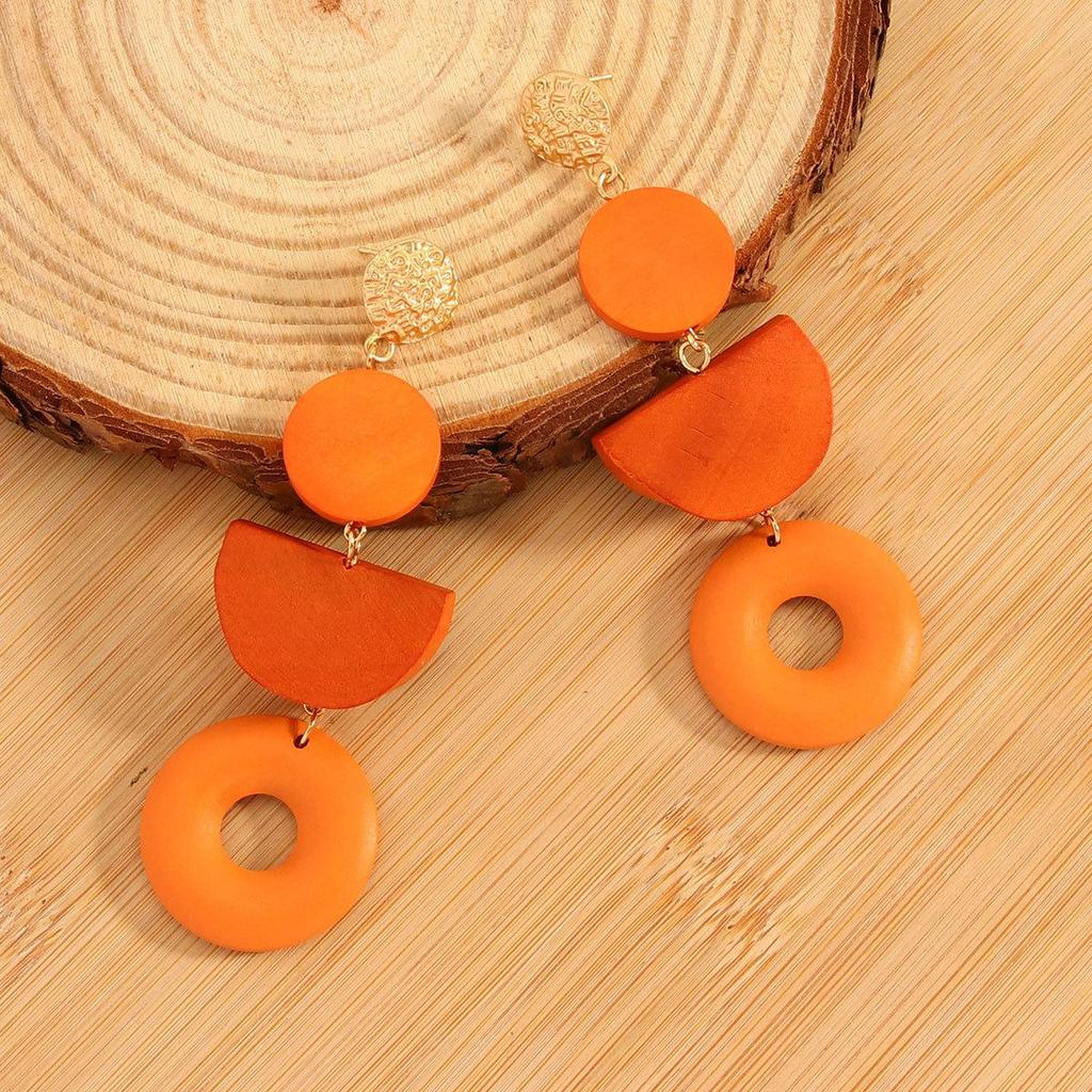 Geometric wooden earrings retro round color blocked earrings hollowed out wooden earrings wood art color blocked design
