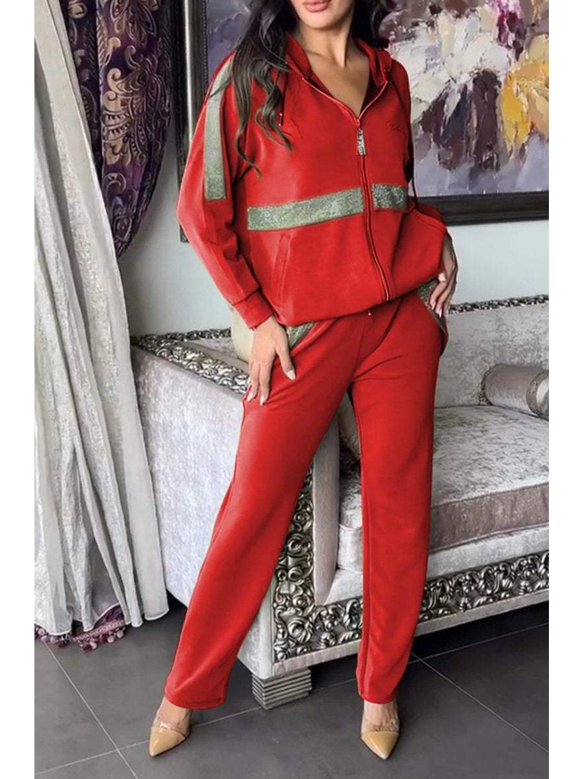 

2024 Евро-американский осенне-зимний повседневный комплект из толстовки с длинным рукавом и брюк Medium красный