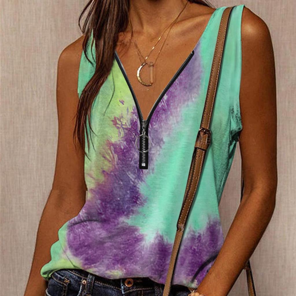 Women's  Fashion Summer New Print V-Neck Zipper Sleeveless Casual Tank Tops