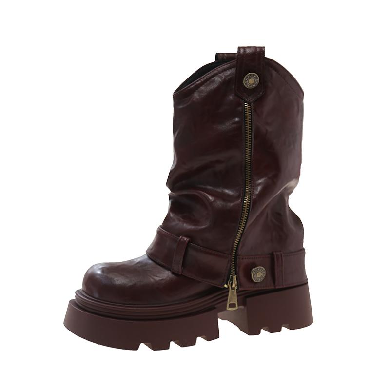 

Женские высокие сапоги на платформе, челси, толстый каблук, короткие плюшевые зимние ботинки до середины голени, зимние трендовые кожаные ботинки на молнии в готическом стиле 2025 года 40