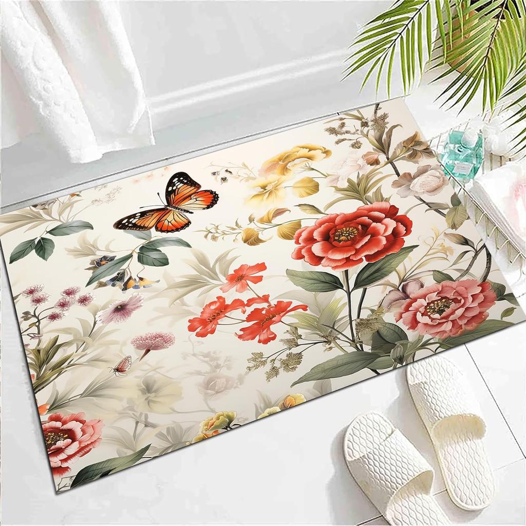 Wild Animal Butterfly Carpet Spring Garden Plant Floral Rug for Bedside Sofa, Botanical Flower Floor Mat Home Entrance Doormat