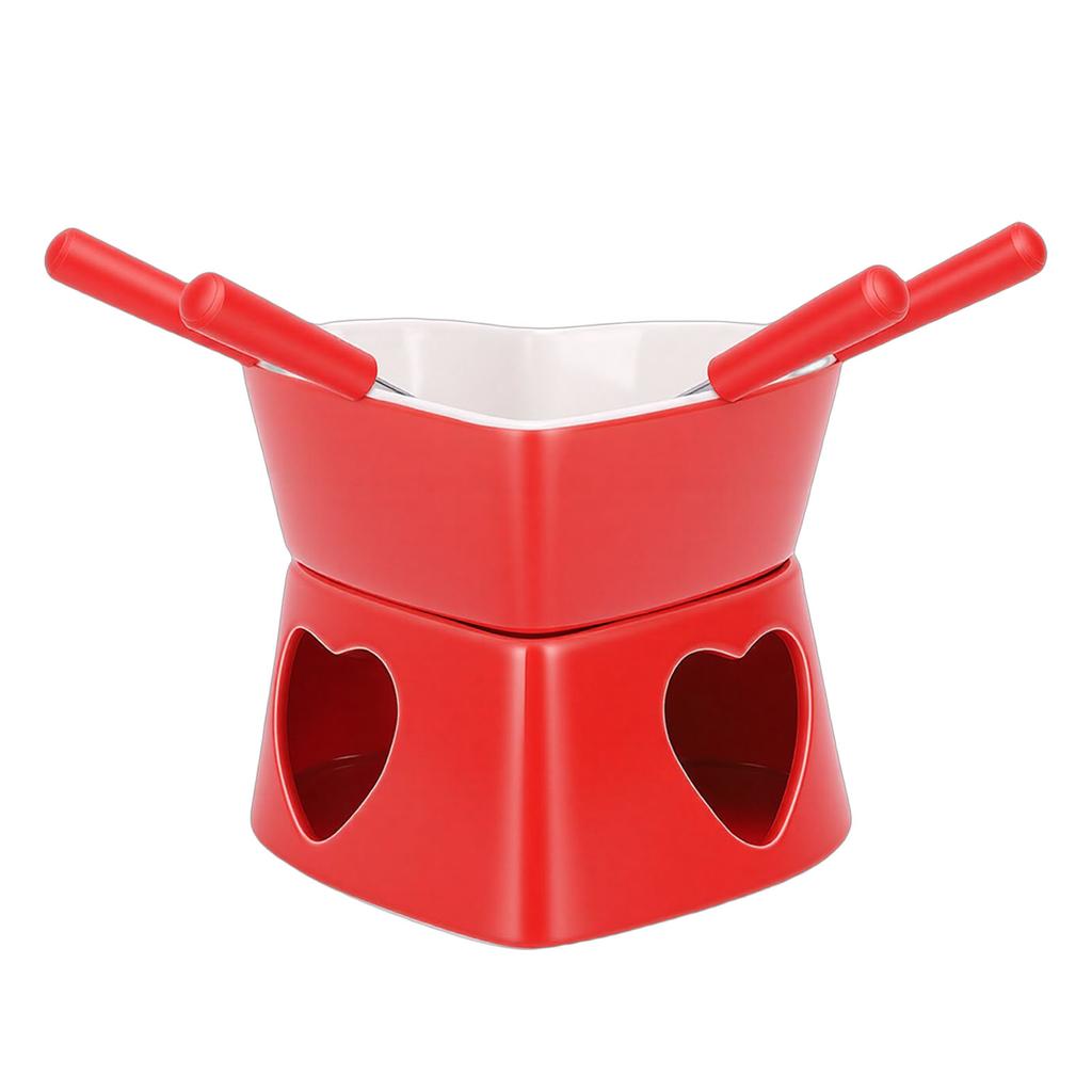 Heart Shaped Chocolate Fondue Mug Set Ceramic Sweet Fondue Cup with Forks and Candle Red White 350ml